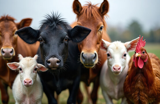 Farm animals look at camera on grass. Cow horse chicken standing together on farmland meadow. Mammals and birds diversity gather in nature. Animals husbandry shows agriculture livestock.