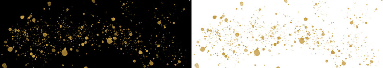 Golden glitter dust and paint splatter overlay on black and white backgrounds
