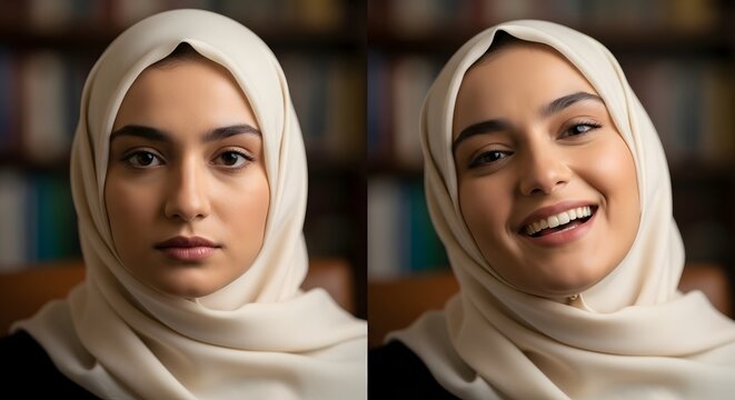 A young woman wearing a white hijab smiling and looking directly at the camera in a library setting with blurred bookshelves in the background