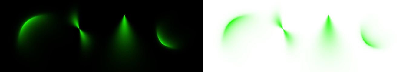 Set of abstract green glowing light arcs and lens flares for eco-friendly technology overlay
