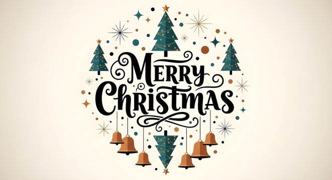 Elegant merry christmas design with trees stars and bells on a cream background