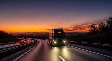 Truck driving on highway at dusk with orange sky and light trails of other cars visible background
