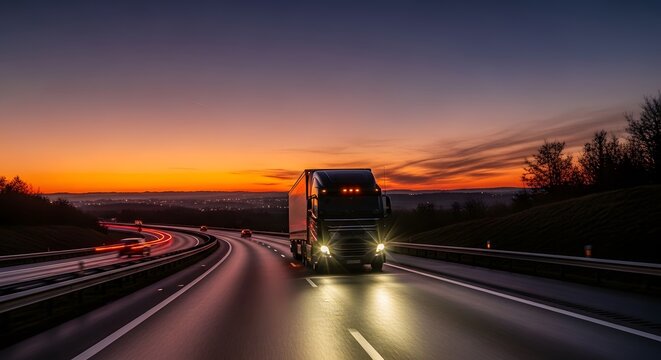 Truck driving on highway at dusk with orange sky and light trails of other cars visible background