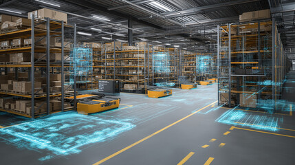 Fully automated AI-powered logistics warehouse with robotic sorters and holographic inventory dashboards.