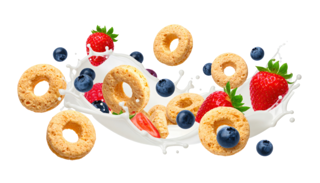 Cereal rings splashing into milk with berries on black
