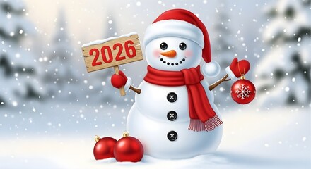 Cheerful snowman holding 2026 sign and christmas ornament in snowy winter scene