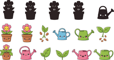 Cute kawaii watering can and flower pot illustration showing plant growth, seed sprouting and gardening process in cartoon style © Kartik Creative