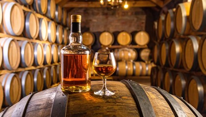 Bottle and glass of amber alcohol on an oak barrel in a dark, traditional aging cellar with stacked barrels.