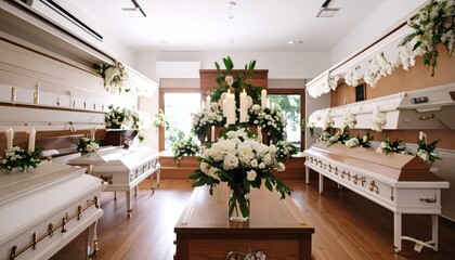 Funeral Home Interior with Caskets and Floral Decorations