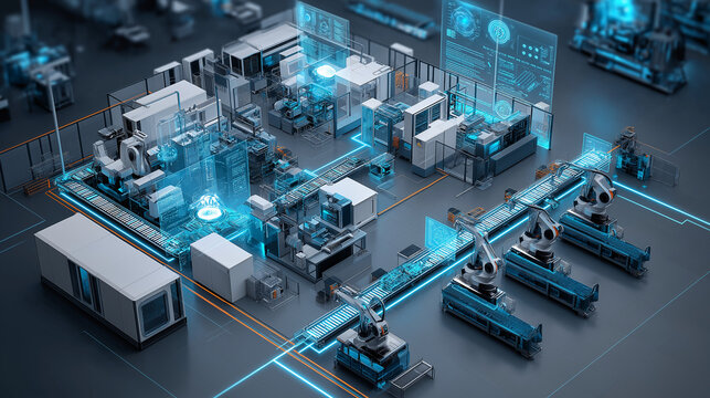 Fully automated smart factory assembly line with robotic arms, AI sensors, and holographic production analytics.