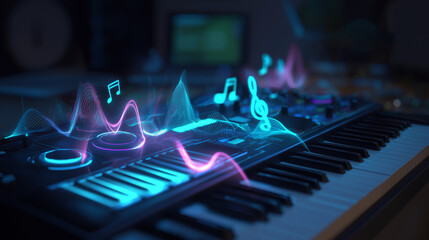 Futuristic AI music composer workstation emitting glowing musical notes and animated digital waveforms.