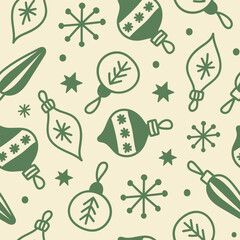 Modern christmas seamless pattern with green christmas balls and snowflakes on a beige background. Vector festive hand drawn illustration