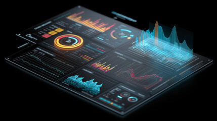 Futuristic data analytics dashboard with floating 3D charts, predictive graphs, and glowing performance metrics.