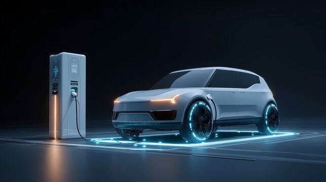 Futuristic electric vehicle connected to a glowing smart charging station with holographic energy indicators. - Powered by Adobe