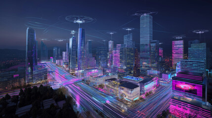 Futuristic smart city at night with neon-lit skyscrapers, autonomous drones, holographic billboards, and glowing digital traffic systems