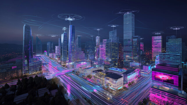 Futuristic smart city at night with neon-lit skyscrapers, autonomous drones, holographic billboards, and glowing digital traffic systems