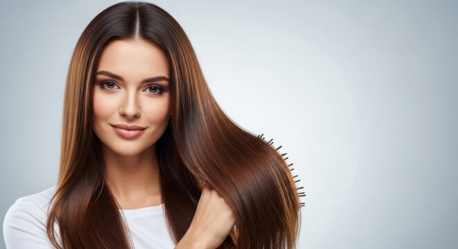 Woman brushing her long healthy brown hair