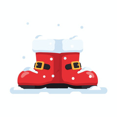Pair of red Santa boots covered in white snow with gold buckles.