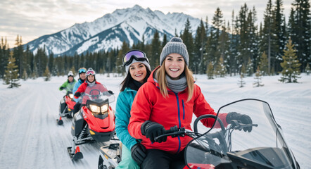 Two smiling women friends riding a snowmobile in winter. Group on an outdoor adventure in a snowy mountain landscape. Winter sports and vacation concept