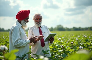 Indian farmer and agronomist use digital tablet in cotton field. Two men discuss farm data. Old partners analyze plant growth, crop health together. Tech helps rural agriculture work.