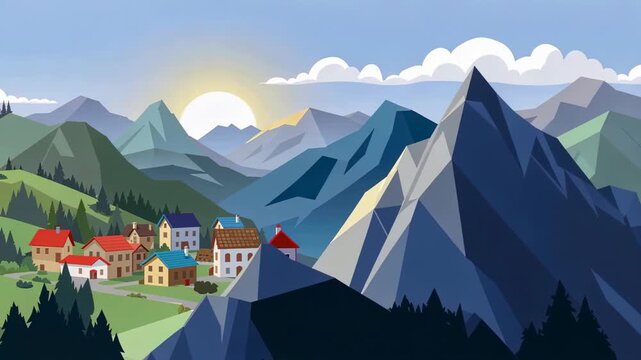 Stunning Mountain Village Landscape with Sunrise and Lush Green Hills.