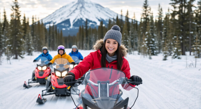 Happy young woman enjoying a snowmobile ride with friends in a snowy mountain landscape. Winter adventure and active vacation fun