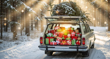 A vintage station wagon carries a Christmas tree and a trunk full of gifts through a snowy winter forest. Holiday season preparation and celebration concept