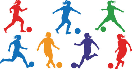 Colorful female soccer player silhouettes performing dynamic football actions with balls for sports design, training concepts, athletic illustration and competitive energy artwork