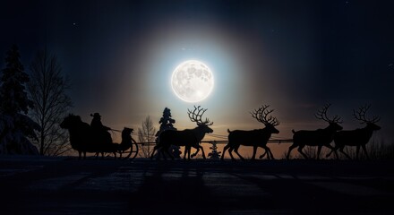 Silhouette of Reindeer Pulling Sleigh Against Full Moon Winter Night