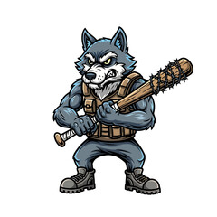 Fototapeta premium A fierce wolf character, muscular and armed with a spiked baseball bat, ready for action.