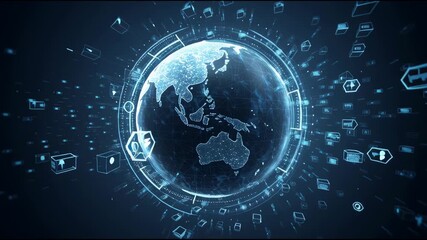 A futuristic digital globe with global connections, data networks, and glowing technology interfaces. Perfect for themes of cybersecurity, global communication, AI, big data, and modern innovation. - Powered by Adobe