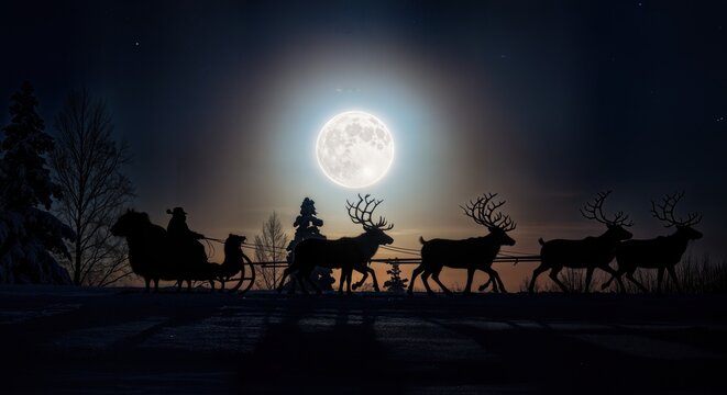 Silhouette of Reindeer Pulling Sleigh Against Full Moon Winter Night