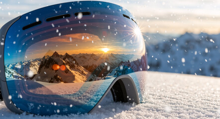 Reflection of a winter mountain landscape at sunset in ski goggles. Winter sports equipment resting in the snow
