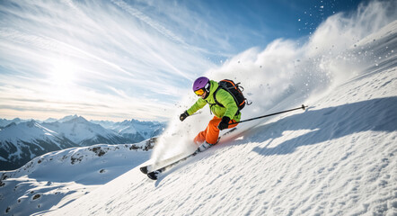 Skier carving through fresh powder snow on a sunny mountain. Dynamic action shot of an extreme winter sport. Adventure in a snowy alpine landscape