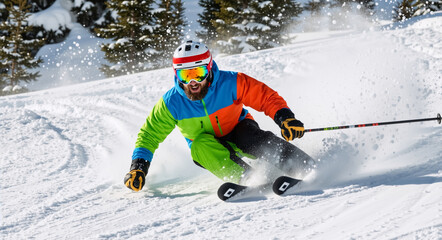 Male skier in action skiing down a snowy mountain slope. Man in colorful gear carving in fresh powder snow on a sunny day. Winter sport and active holiday concept