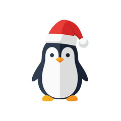 Cute cartoon penguin wearing a red Santa hat, standing on a white background, perfect for holiday themes.
