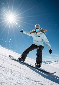 Young woman snowboarding on a snowy mountain under the bright sun. Vertical action shot of a female snowboarder carving down a slope. Winter sports and active vacation concept