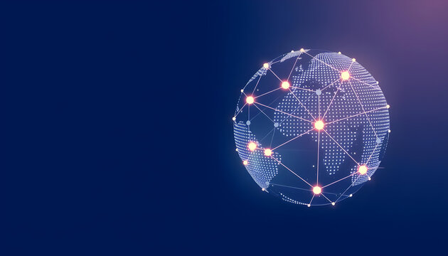 Digital collaboration advertising image. Holographic dot globe, with a hexagonal network of six lines extending from the globe. Blue background. Generative AI.
