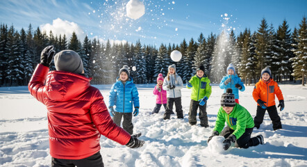 A group of happy children having a fun snowball fight in a snowy landscape. Kids in colorful winter clothes playing outdoors on a sunny day
