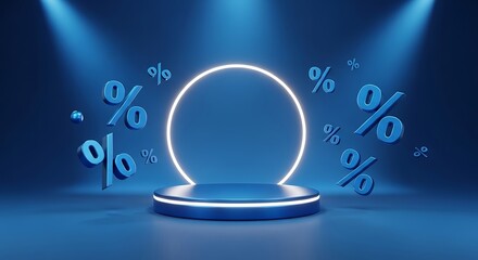 A blue podium with a neon circle and percentage signs floating around it
