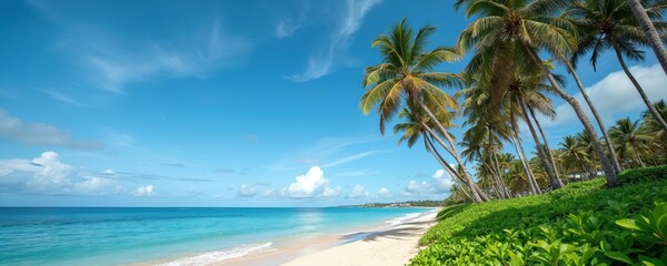 Tropical beach with palm trees and blue ocean waves. Sandy shore and green plants under a clear sky with clouds. Sunny day on island paradise.