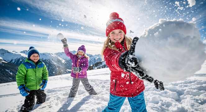 Happy children having a fun snowball fight in the mountains. Young girl throwing a snowball at the camera on a sunny winter day