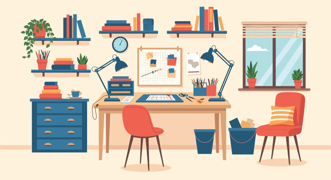 A wellorganized workspace with a desk, chair, shelves, and various art supplies, showcasing a creative and productive environment - Powered by Adobe