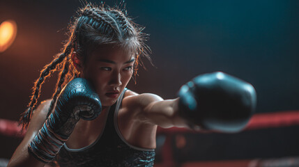 Young female boxer training in a gym, focusing on her technique and determination during an evening session Generative AI