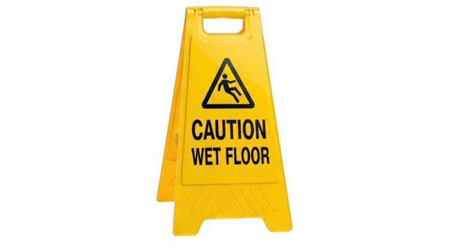 Yellow Caution Wet Floor Sign Standing Open with Black Symbol of Slipping Person and Text in Blue and Yellow Color Against a Black Background