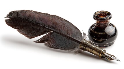 Ink and feather pen isolated on the white background 