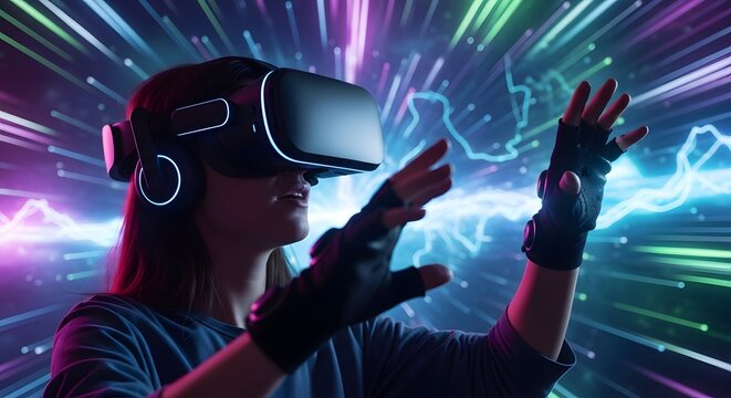 Woman immersed in virtual reality with vr headset and gloves against neon abstract background scene