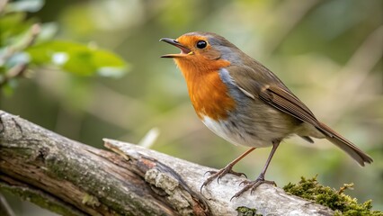 A vibrant european robin perched on a mossy branch, singing with its beak open, showcasing its...