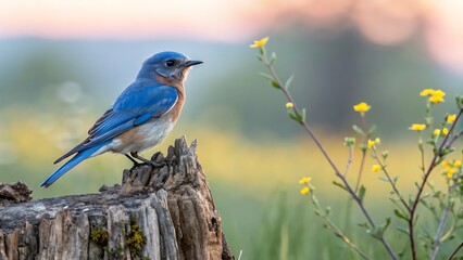 A vibrant eastern bluebird perched atop a weathered tree stump, surrounded by delicate yellow wildflowers, bathed in the soft, warm light of a serene sunset