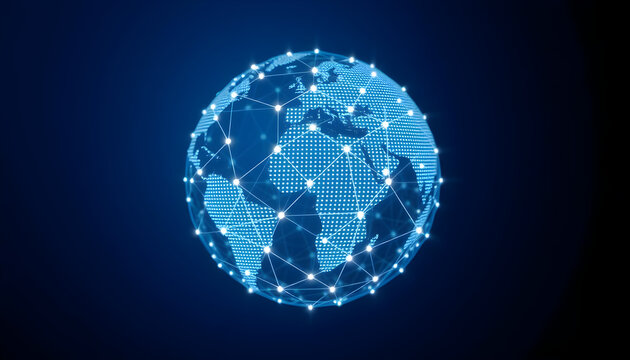 Digital collaboration advertising image. Holographic dot globe, with a hexagonal network of six lines extending from the globe. Blue background. Generative AI.